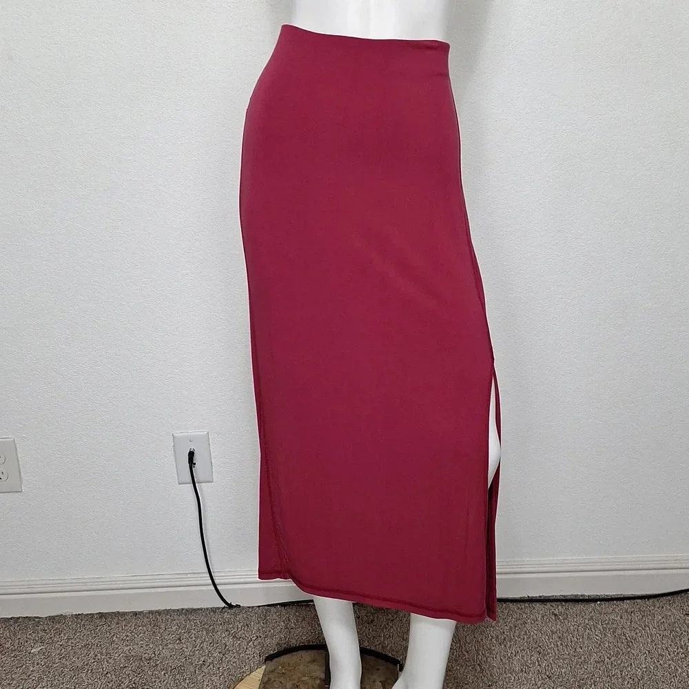 Loft *NEW* Cottagecore Dark Pink Elasticized Waist Side Slit Midi Skirt Size LP